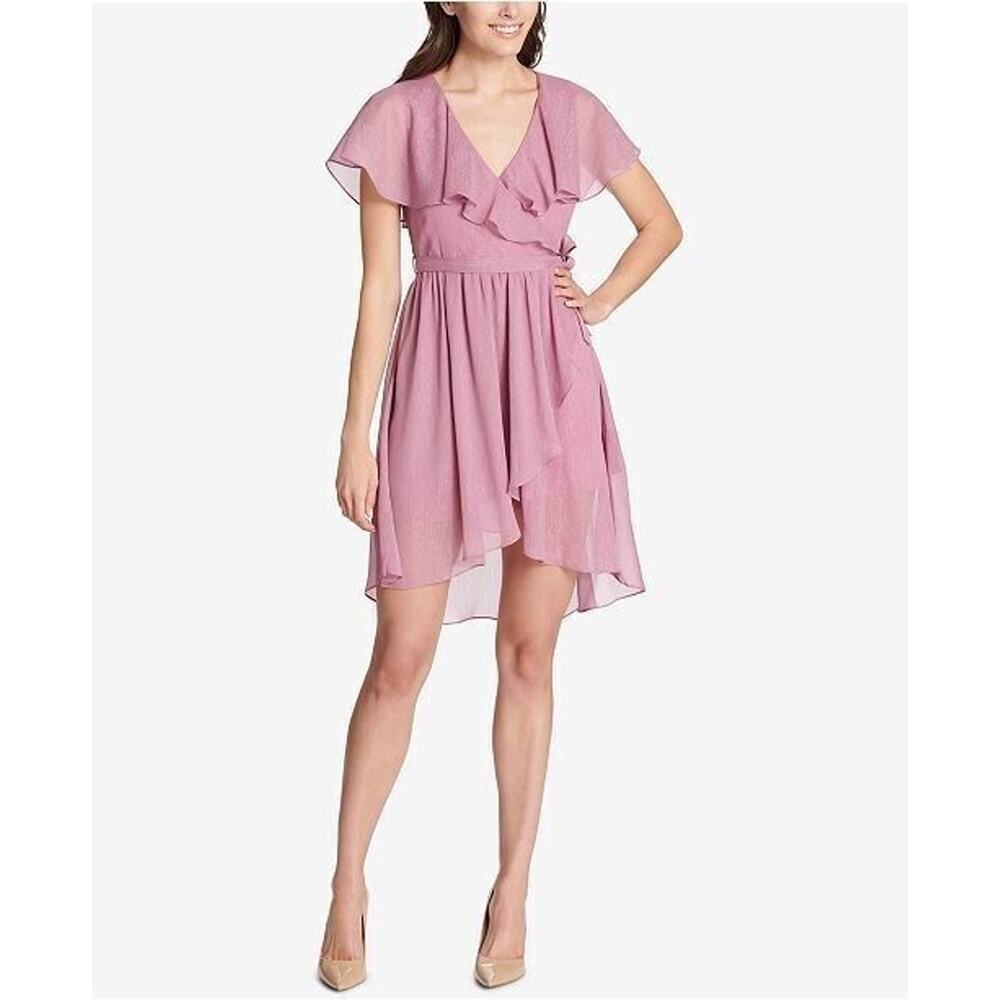 Kensie Women's Open Back Capelet Chiffon Dress in Pink Shimmer Size 14 MSRP $118